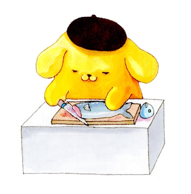 魚をさばけるポムポムプリンちゃん

#ポムポムプリン　#イラスト