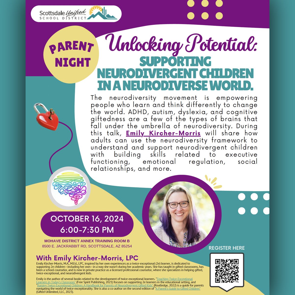 Join us tomorrow to learn how to support neurodivergent kids from expert Emily Kircher-Morris! Discover strategies for building executive functioning, emotional regulation, and social skills. 📅 10/16 | 🕕 6-7:30 PM | Register: bit.ly/3WxHdzx #Neurodiversity #2e #SUSD