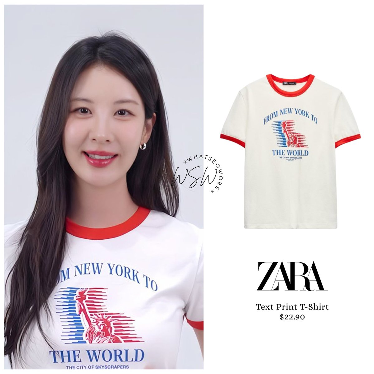 • Zara Text Print T-Shirt, $22.90. 

(Seohyun from Foodology JP’s Post 241014) 
#whatseowore #seohyun #서현