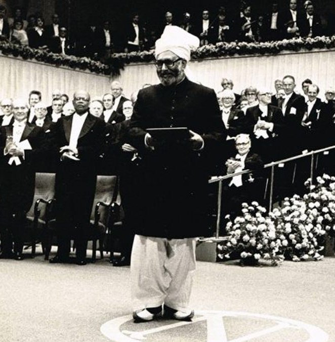 45 yrs ago today, Dr. Abdus Salam made history as the first Pakistani &amp; Muslim scientist to win the Nobel Prize. Proudly dressed in traditional Pakistani attire, he received the award from the King of Sweden. He donated entire prize money to support deserving students in Jhang.