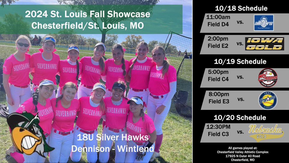 Here is our Schedule for this weekend in St. Louis my Brother ⁦<a href="/CoachThijs/">Thijs Dennison</a>⁩ will be running the show come say HI !!⁦<a href="/SilverHawkSball/">Silver Hawks</a>⁩