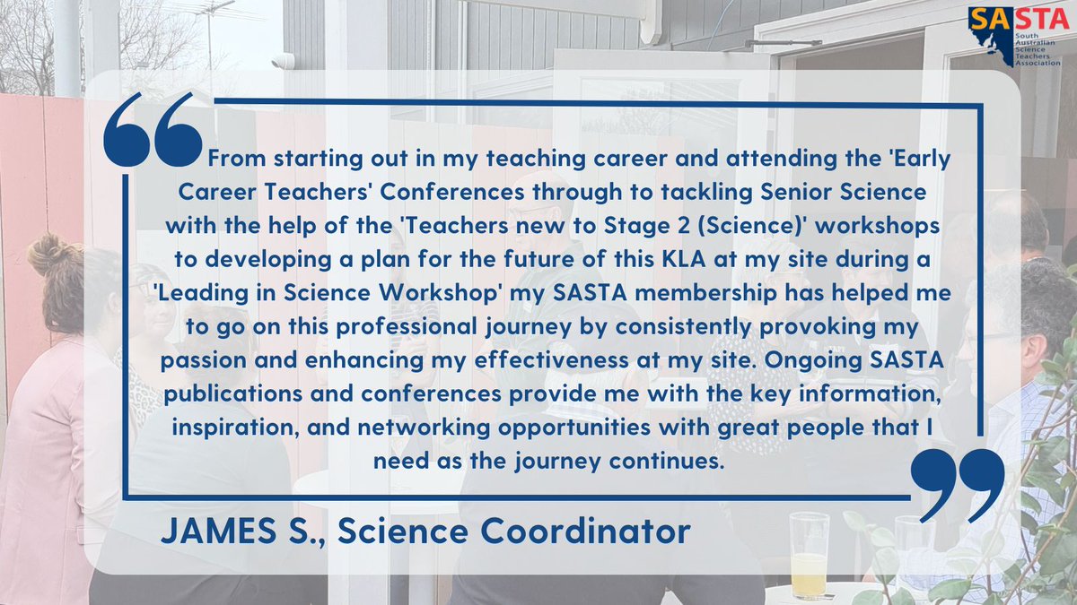 SASTA supports science educators at every stage! From early career teachers to leaders in science, James' journey shows the value of PD, networking, and resources SASTA offers. Wherever you are in your career, SASTA helps you succeed!
#YourScienceCommunity #SASTAMember