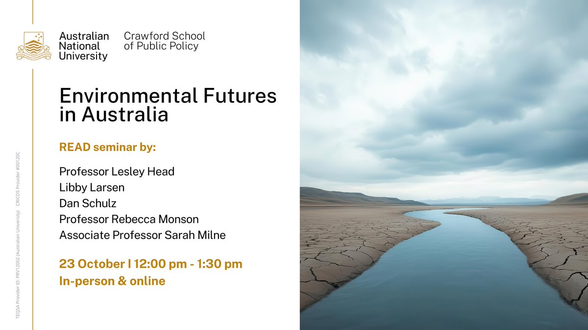 Join <a href="/CrawfordREAD/">Resources Environment & Development</a> for a crucial discussion on Australia's environmental future!

Register at: quicklink.anu.edu.au/fug2

This cross-disciplinary panel will explore land, water, and governance challenges, drawing on research from the Murray-Darling Basin to the Northern Territory.