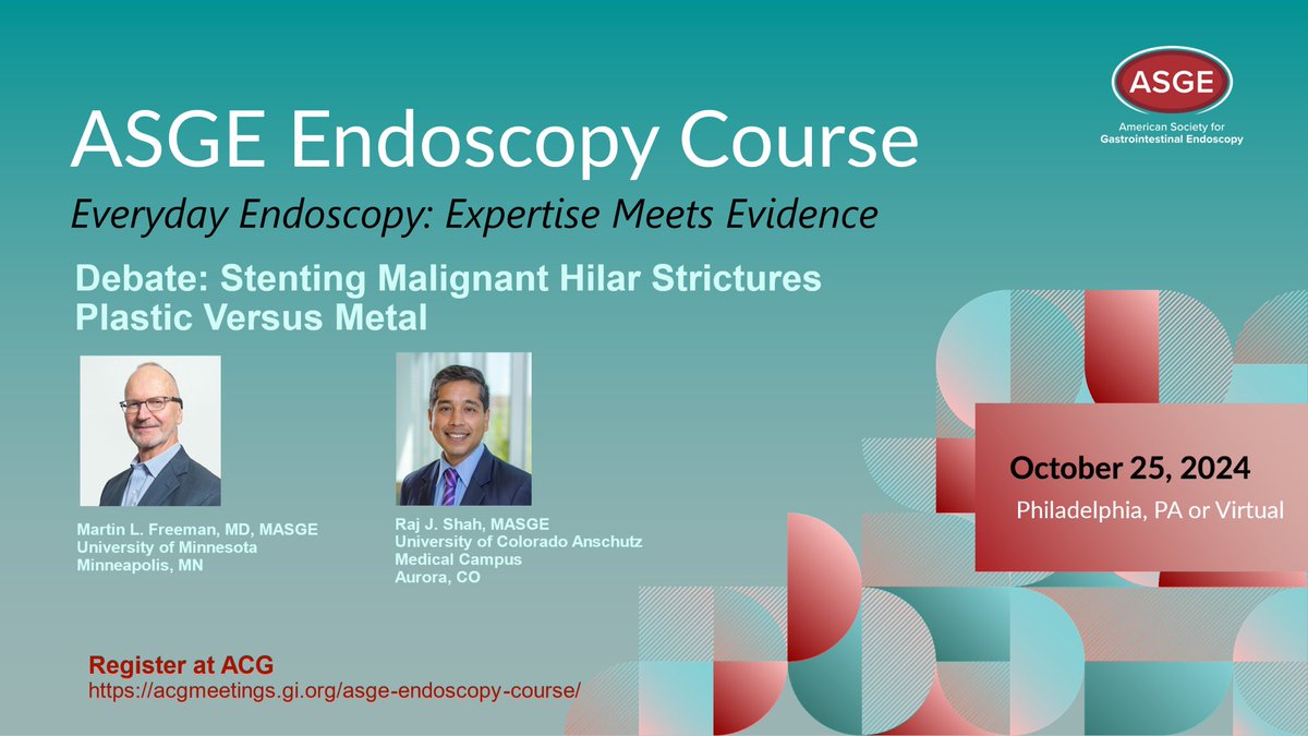 Join Dr Martin freeman and I for THE hilar debate - plastic vs metal at the asge PG course at ACG in Philly Friday October 25. Hope to see you there!