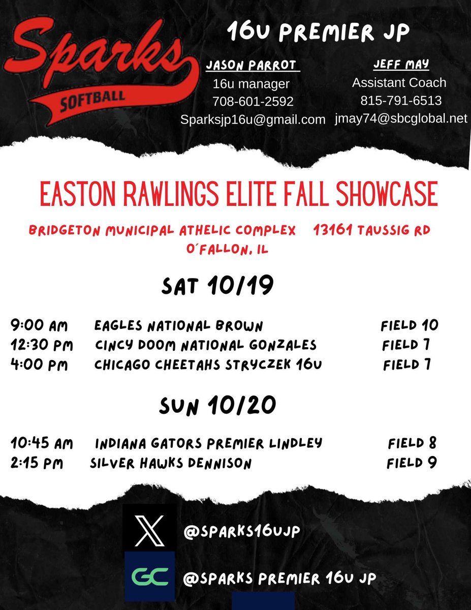 Anabel Agredano 2027 (@reelab3) on Twitter photo <a href="/Sparks16uJP/">Sparks16u JP</a> is headed to St.Louis this weekend for the Easton Rawlings Elite Fall Showcase! Can’t wait to see you this weekend!❤️🖤
<a href="/jparrott3/">Jason JP Parrott</a> <a href="/Jmay7777/">Jeff May</a> <a href="/SparksPremier/">Jill Harvey - Sparks Premier</a> <a href="/CoachLarissaA/">Larissa Anderson</a> <a href="/ExtraInningSB/">EXTRA INNING SOFTBALL</a> <a href="/lizjagielski/">Elizabeth Jagielski</a> <a href="/NIUSoftball/">NIU Softball</a> <a href="/Coach_Kramos/">Tina Kramos</a> <a href="/mysha_sataraka/">Mysha Sataraka</a> <a href="/CoachSWillis22/">Sarah Willis</a> <a href="/Sparks16uJP/">Sparks16u JP</a> is headed to St.Louis this weekend for the Easton Rawlings Elite Fall Showcase! Can’t wait to see you this weekend!❤️🖤
<a href="/jparrott3/">Jason JP Parrott</a> <a href="/Jmay7777/">Jeff May</a> <a href="/SparksPremier/">Jill Harvey - Sparks Premier</a> <a href="/CoachLarissaA/">Larissa Anderson</a> <a href="/ExtraInningSB/">EXTRA INNING SOFTBALL</a> <a href="/lizjagielski/">Elizabeth Jagielski</a> <a href="/NIUSoftball/">NIU Softball</a> <a href="/Coach_Kramos/">Tina Kramos</a> <a href="/mysha_sataraka/">Mysha Sataraka</a> <a href="/CoachSWillis22/">Sarah Willis</a>