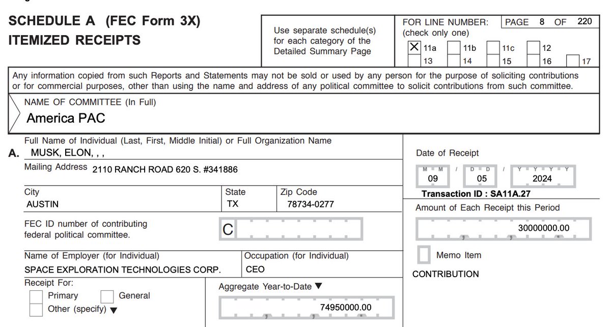 QuiverQuant's tweet photo. Just received new election contribution data.

On September 5th, Donald Trump said he’d create a government efficiency commission led by Elon Musk.

On that same day, Elon donated $30M.

He also donated $5M just days after Trump was shot. https://t.co/aVqfNfgAso