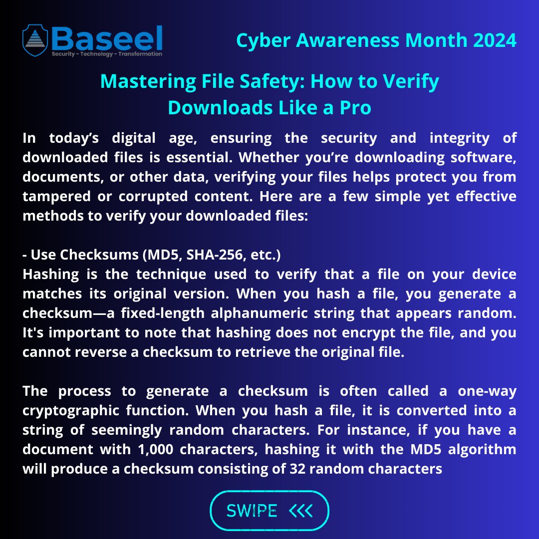 Baseelpartners's tweet image. 𝐂𝐲𝐛𝐞𝐫 𝐀𝐰𝐚𝐫𝐞𝐧𝐞𝐬𝐬 𝐌𝐨𝐧𝐭𝐡 𝟐𝟎𝟐𝟒

𝗛𝗼𝘄 𝘁𝗼 𝘃𝗲𝗿𝗶𝗳𝘆 𝗱𝗼𝘄𝗻𝗹𝗼𝗮𝗱𝗲𝗱 𝗳𝗶𝗹𝗲𝘀

#CyberSecurity #DataIntegrity #FileVerification  #MD5 #SHA256 #DigitalSecurity #StaySecure #CyberAwareness