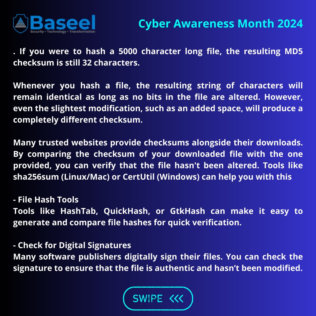 Baseelpartners's tweet image. 𝐂𝐲𝐛𝐞𝐫 𝐀𝐰𝐚𝐫𝐞𝐧𝐞𝐬𝐬 𝐌𝐨𝐧𝐭𝐡 𝟐𝟎𝟐𝟒

𝗛𝗼𝘄 𝘁𝗼 𝘃𝗲𝗿𝗶𝗳𝘆 𝗱𝗼𝘄𝗻𝗹𝗼𝗮𝗱𝗲𝗱 𝗳𝗶𝗹𝗲𝘀

#CyberSecurity #DataIntegrity #FileVerification  #MD5 #SHA256 #DigitalSecurity #StaySecure #CyberAwareness