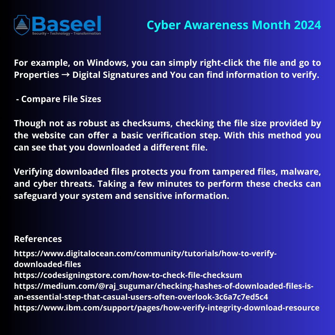 Baseelpartners's tweet image. 𝐂𝐲𝐛𝐞𝐫 𝐀𝐰𝐚𝐫𝐞𝐧𝐞𝐬𝐬 𝐌𝐨𝐧𝐭𝐡 𝟐𝟎𝟐𝟒

𝗛𝗼𝘄 𝘁𝗼 𝘃𝗲𝗿𝗶𝗳𝘆 𝗱𝗼𝘄𝗻𝗹𝗼𝗮𝗱𝗲𝗱 𝗳𝗶𝗹𝗲𝘀

#CyberSecurity #DataIntegrity #FileVerification  #MD5 #SHA256 #DigitalSecurity #StaySecure #CyberAwareness