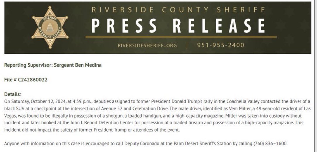CoinGapeMedia's tweet photo. 🚨 @realDonaldTrump Escapes Third Assassination Attempt:

A man, identified as Van Miller, was arrested near #Trump’s California rally with an illegally possessed shotgun, loaded handgun, and a high-capacity magazine.

The incident happened ahead of the #WorldToken Policy Sale💰