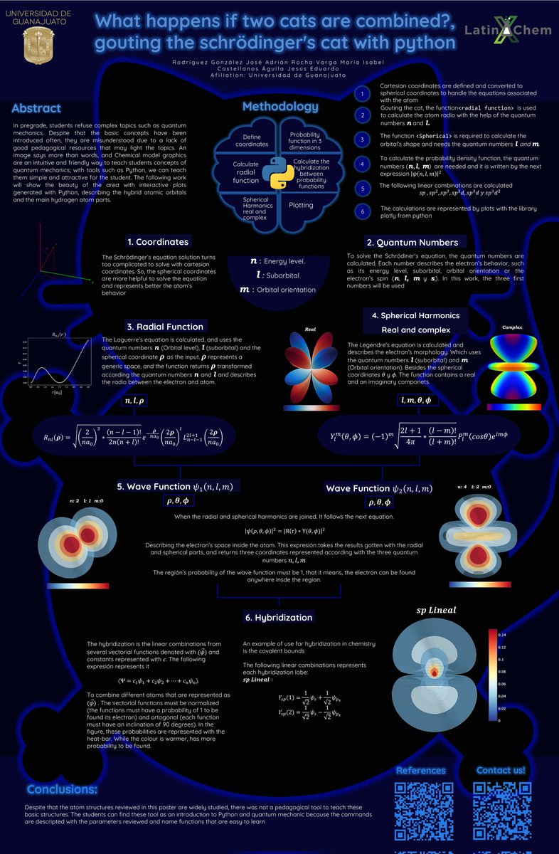 Hi! <a href="/LatinXChem/">LatinXChem</a> ,here I will present our work about a pedagogical tool that can be used in chemistry class. "What happens if two cats are combined?,gouting the Schrödinger's cat with python"
#LatinXChem