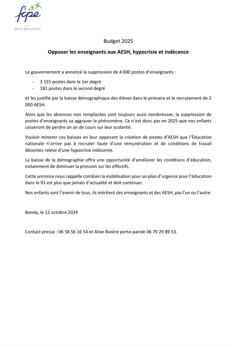 fcpe93's tweet photo. la mobilisation pour un plan d’urgence pour l’éducation
 dans le 93 est plus que jamais d’actualité et doit continuer.
 Nos enfants sont l’avenir de tous, ils méritent des enseignants et des AESH, pas l’un ou l’autre. https://t.co/DWhmPxbtc4