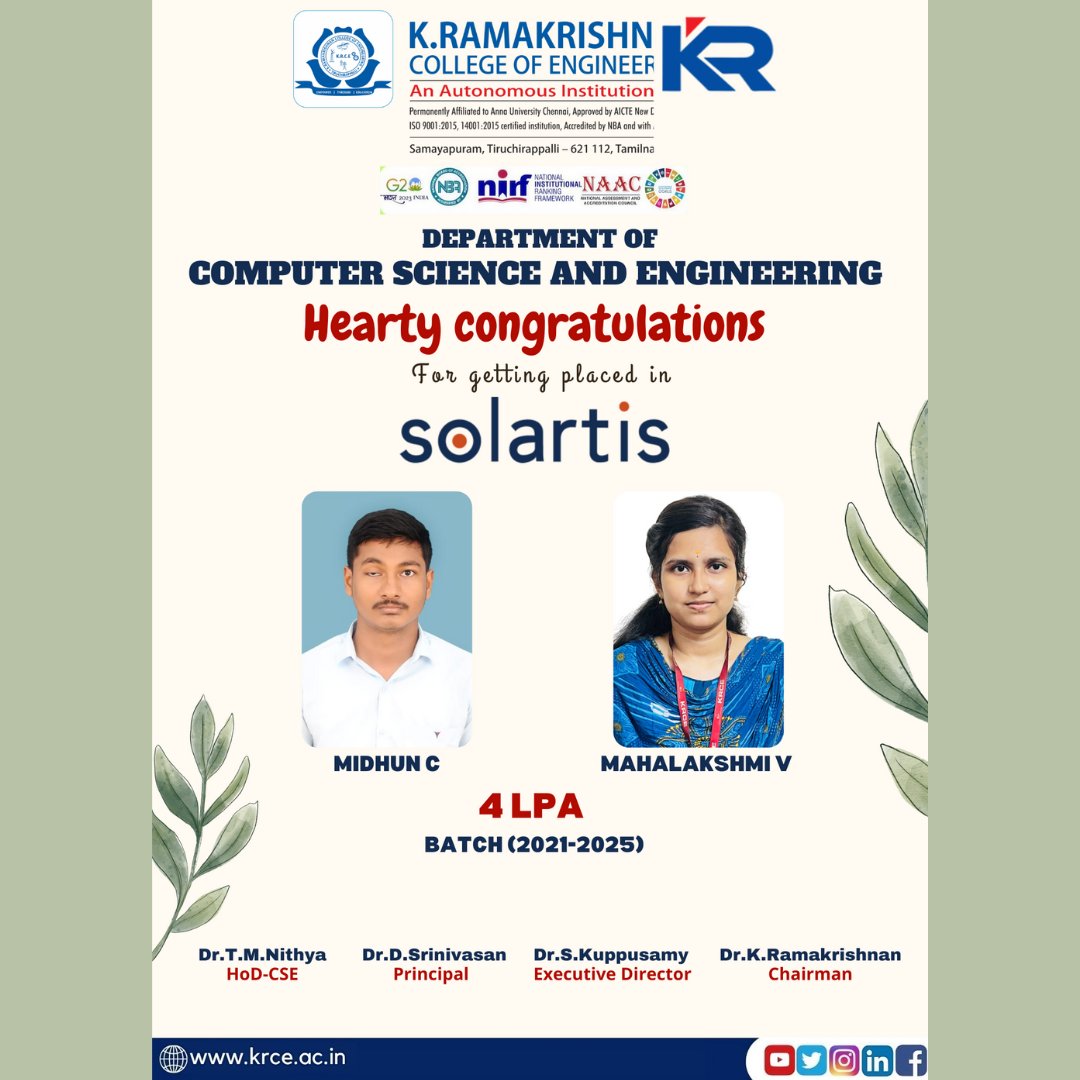 KRCE17's tweet photo. Hearty Congratulations! ๐
The Department of Computer Science and Engineering extends warm congratulations to our students for their outstanding placement achievement!
Wishing them continued success and a bright future ahead! ๐
#PlacementSuccess #KRCE #CSE #Solartis https://t.co/Kkjwcthmyy