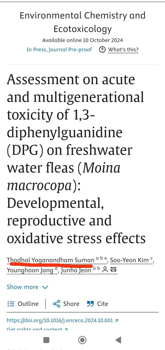 Exciting news. My latest research article on the toxicity of 1,3-diphenylguanidine (DPG) on freshwater water fleas (Moina macrocopa) is now published in Environmental Chemistry and Ecotoxicology.sciencedirect.com/science/articl…

#ecotoxicology #freshwater #research #environmentalchemistry