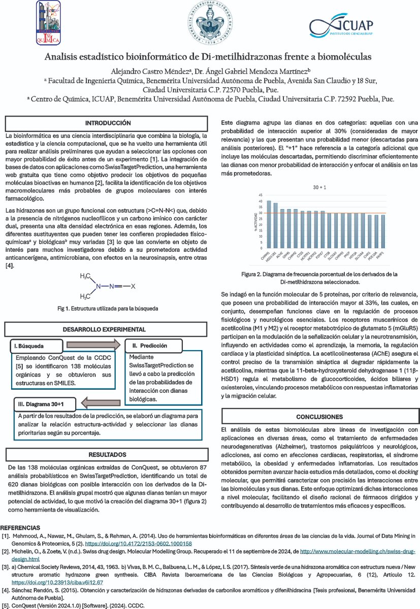 AlmejandroC04's tweet photo. Hola @LatinXChem, presento mi trabajo "Analisis estadístico bioinformático de di-metilhidrazonas frente a biomoléculas" en #LatinXChem24 #LatinXChemComp #Comp055 https://t.co/8vwknLee46