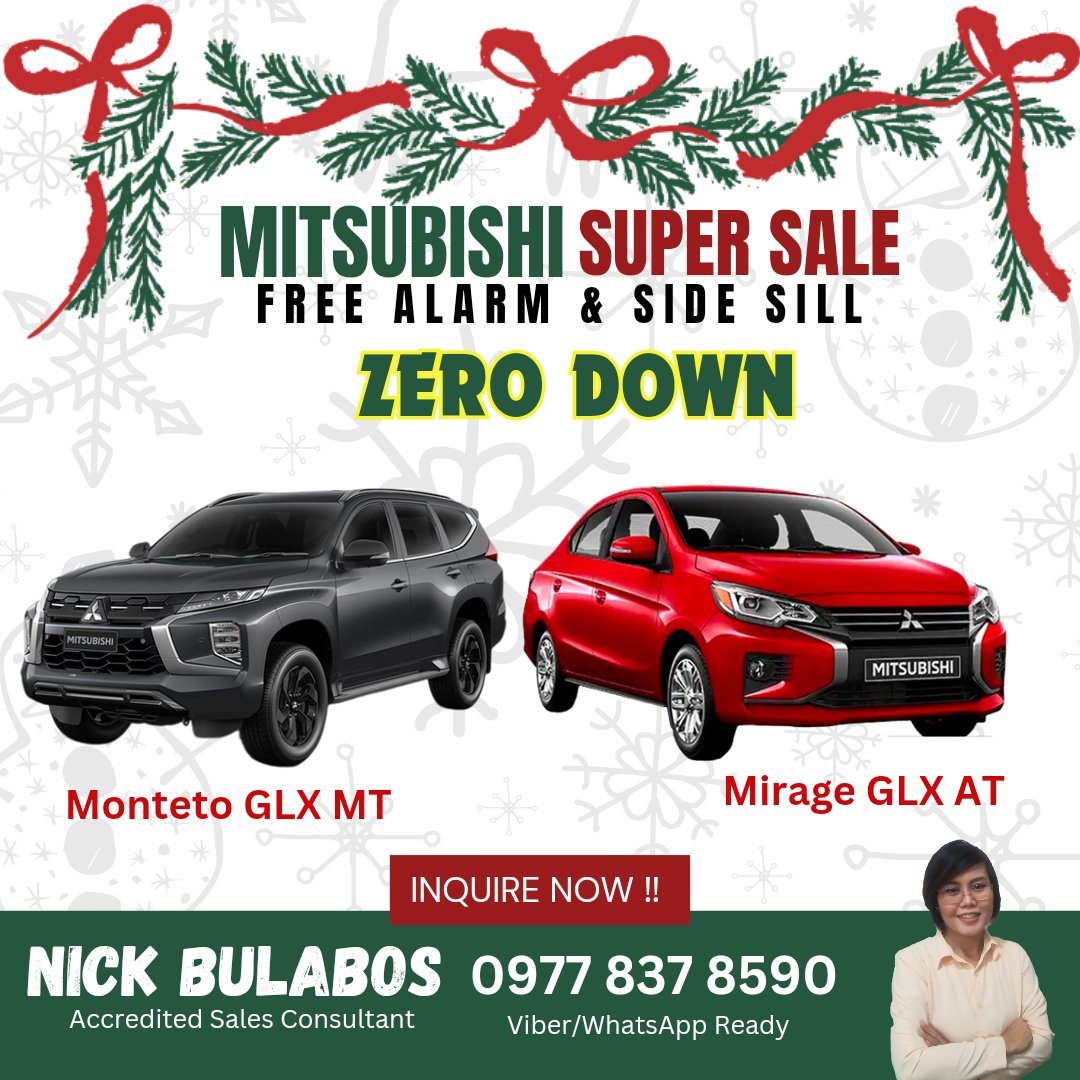 ZesabelA's tweet photo. #mitsubishi #supersale #montero #Mirage #Montero #G4 #Trending #TrendingNow #Promo #lowdown #xpander #xpandercross #triton #xforce #L300 #Canter #Truck #trucking #OFW #Philippines #PIMS #MetroNorth #metromanila #Zero #down #ChristmasGiftIdeas #christmasgiftsforwomen #ALLIN https://t.co/bIIdqXOjLu