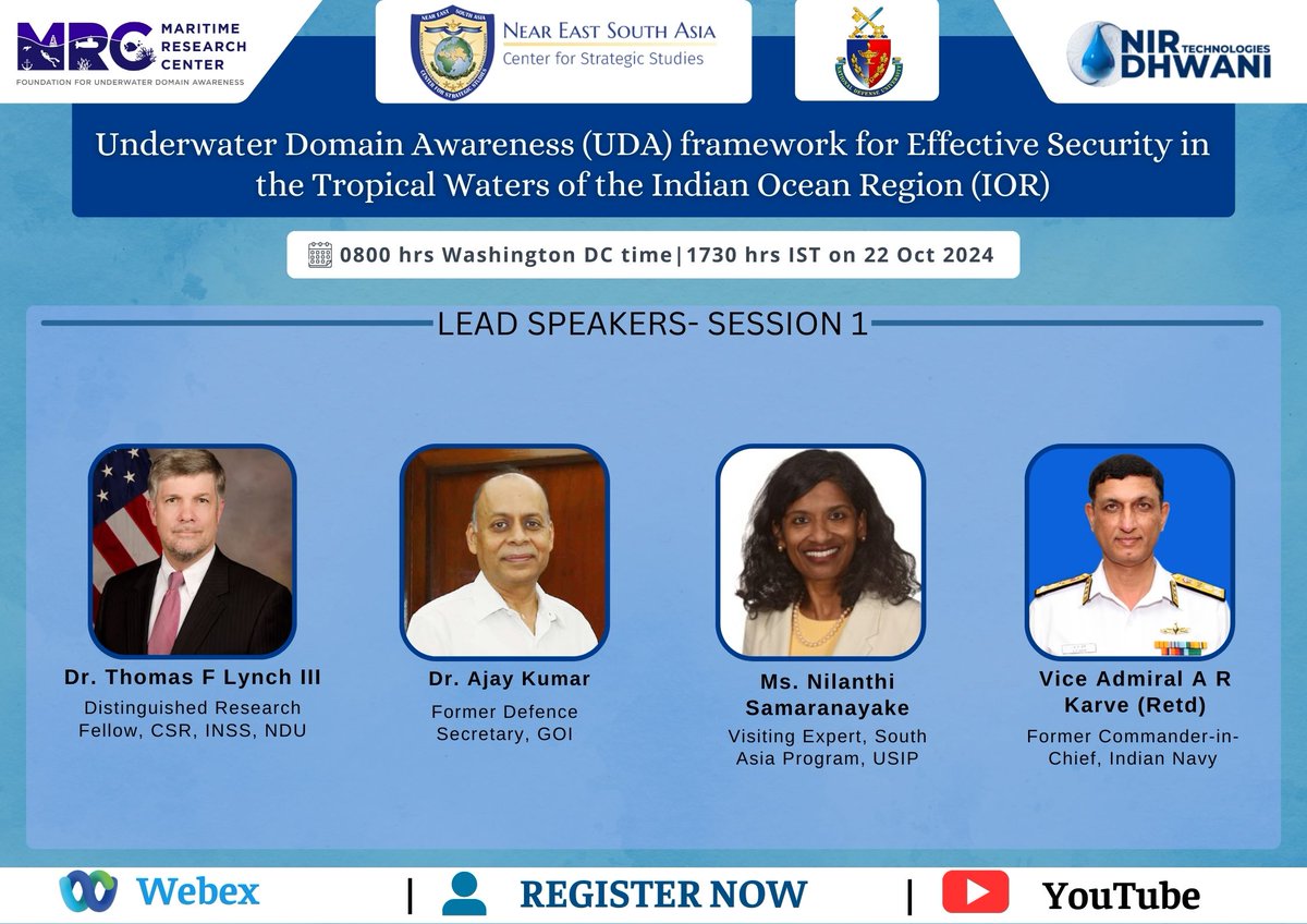 MRCPune's tweet photo. We are excited about collaborating with the Near East South Asia Center for Strategic Studies ( @TheNESACenter ) for our upcoming webinar on the Indian Ocean Security Framework.

During the first session of the webinar, we will be joined by Dr. Thomas F Lynch III, Distinguished Research Fellow at the Center for Strategic Research (CSR), Institute of National Strategic Studies ( @INSSatNDU ), National Defence University ( @NDU_EDU ), USA. During the webinar, we are honoured to host Dr Ajay Kumar ( @drajaykumar_ias ), former Defence Secretary, Government of India. Other important speakers for Session 1 are Vice Admiral A R Karve PVSM, AVSM (Retd), Former CinC Indian Navy and Anti-Submarine Specialist and Ms Nilanthi Samaranayake ( @nilanthis ), Visiting Expert, South Asia Program, United States Institute of Peace (USIP).

🔗 Register Now: https://t.co/yvQGYtK476

#IndianOcean #Security #Webinar #MaritimeResearch #NESA #Nirdhwani