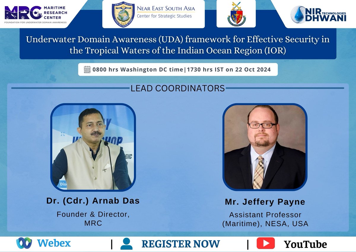 MRCPune's tweet photo. We are excited about collaborating with the Near East South Asia Center for Strategic Studies ( @TheNESACenter ) for our upcoming webinar on the Indian Ocean Security Framework.

During the first session of the webinar, we will be joined by Dr. Thomas F Lynch III, Distinguished Research Fellow at the Center for Strategic Research (CSR), Institute of National Strategic Studies ( @INSSatNDU ), National Defence University ( @NDU_EDU ), USA. During the webinar, we are honoured to host Dr Ajay Kumar ( @drajaykumar_ias ), former Defence Secretary, Government of India. Other important speakers for Session 1 are Vice Admiral A R Karve PVSM, AVSM (Retd), Former CinC Indian Navy and Anti-Submarine Specialist and Ms Nilanthi Samaranayake ( @nilanthis ), Visiting Expert, South Asia Program, United States Institute of Peace (USIP).

🔗 Register Now: https://t.co/yvQGYtK476

#IndianOcean #Security #Webinar #MaritimeResearch #NESA #Nirdhwani