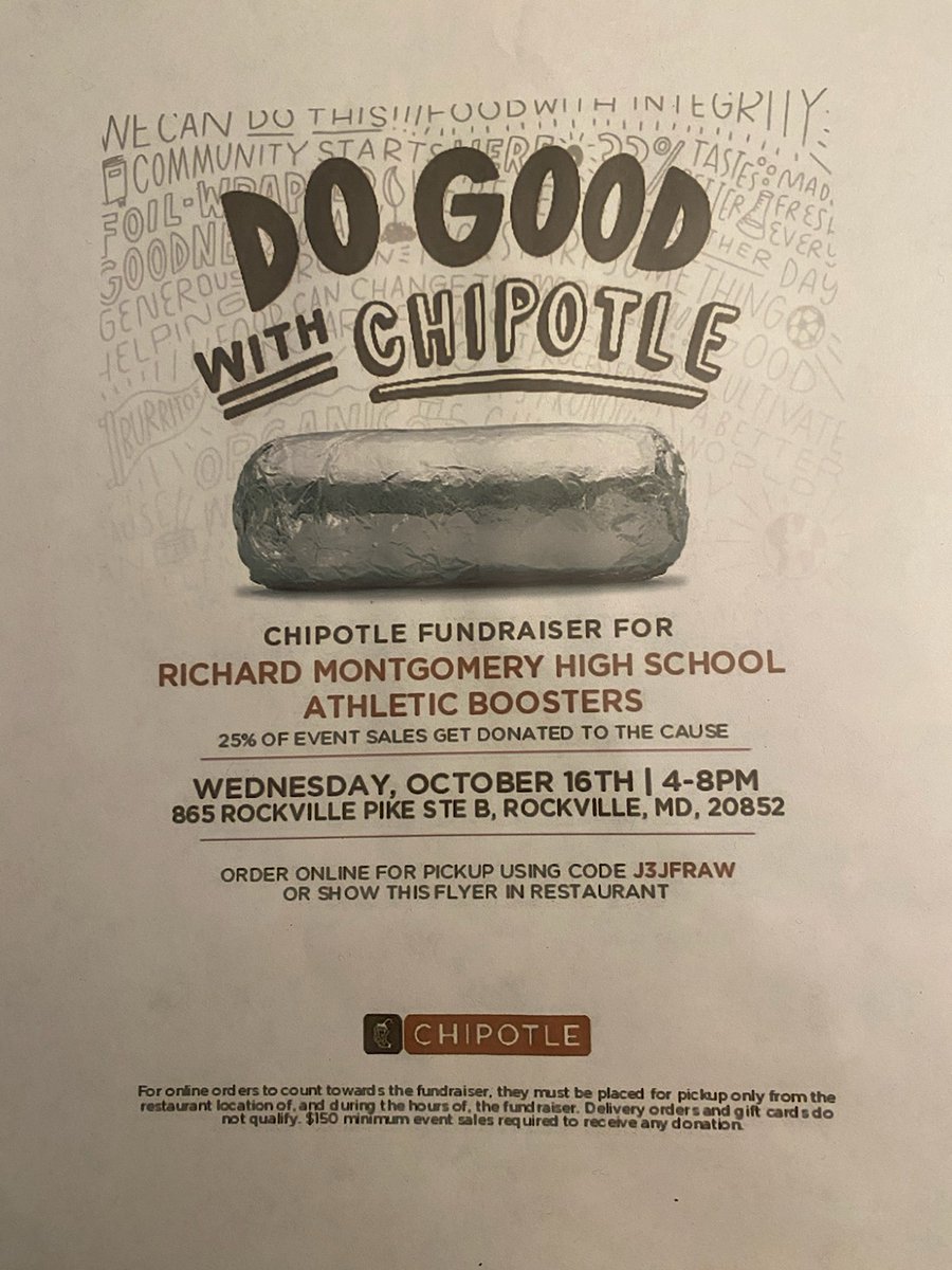 RMathleticboosters (@rmathleticboos1) on Twitter photo Busy week in Rocket Athletics!!
10/14 noon: Reg. for Winter Sports opens (Tryouts begin 11/15)
10/16 4-8pm: Boosters Dine Out CHIPOTLE in Wintergreen Plaza (% proceeds goes to Boosters)
๐๐ค <a href="/RocketsSportsRM/">Richard Montgomery Athletics</a> <a href="/CoachTanyaRM/">Coach Tanya</a> <a href="/RMHS_principal/">Alicia Deeny</a> <a href="/RMHS_MainOffice/">RMHS Main Office</a> <a href="/rm_sga/">RM SGA</a> <a href="/RMHSCounseling/">RM Counseling Dept.</a> Busy week in Rocket Athletics!!
10/14 noon: Reg. for Winter Sports opens (Tryouts begin 11/15)
10/16 4-8pm: Boosters Dine Out CHIPOTLE in Wintergreen Plaza (% proceeds goes to Boosters)
๐๐ค <a href="/RocketsSportsRM/">Richard Montgomery Athletics</a> <a href="/CoachTanyaRM/">Coach Tanya</a> <a href="/RMHS_principal/">Alicia Deeny</a> <a href="/RMHS_MainOffice/">RMHS Main Office</a> <a href="/rm_sga/">RM SGA</a> <a href="/RMHSCounseling/">RM Counseling Dept.</a>