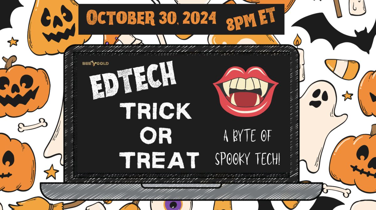 baconedtech's tweet photo. 👻 Who’s got tricks? Who’s got treats? 🎃 Come find out at our EdTech Trick or Treat event on October 30th at 8 PM ET! 🍭 https://t.co/tOKIAm8tco #BEEGOLD https://t.co/U6YXHXOYOD