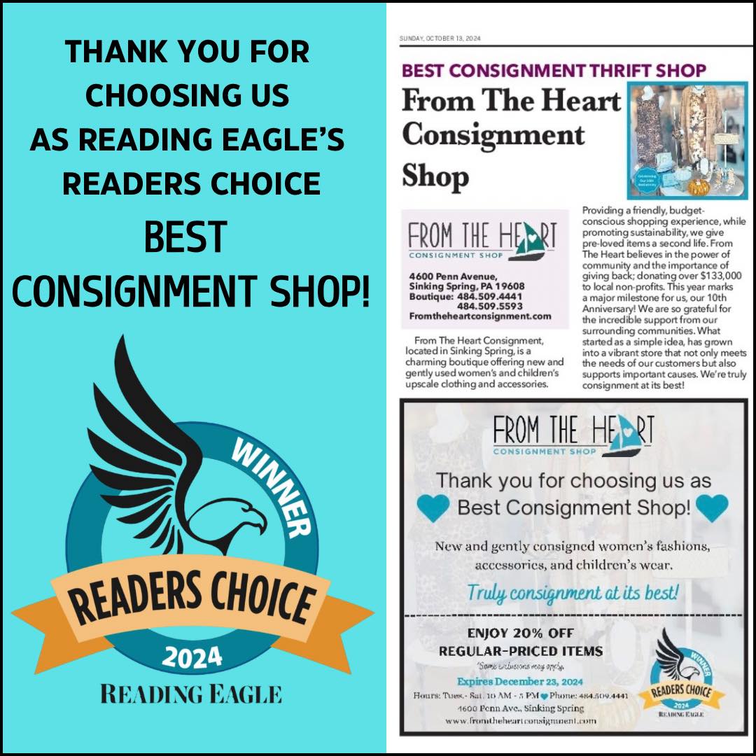 FTH_Consignment's tweet image. Thank you so much for choosing us  @ReadingEagle  READERS CHOICE Best Consignment Shop! 

We are so honored and grateful! 
🩵💙🩵

Pick up a copy of the Reader’s Choice Edition for our 20% off coupon!

#budgetfriendlyfashion #consignmentatitsbest #shopsecondhandfirst 
#shoplocal