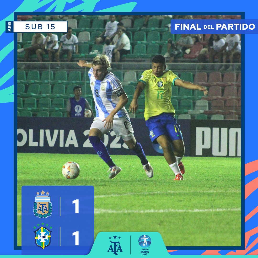🏆 CONMEBOL #Sub15

⚽  <a href="/Argentina/">🇦🇷 Selección Argentina ⭐⭐⭐</a> 🇦🇷 1 (Felipe Esquivel) 🆚 #Brasil 🇧🇷 1 (Wesley)
 
👉 ¡Final del partido!

🔜 Nos vemos el miércoles en las semifinales ante #Paraguay 💪