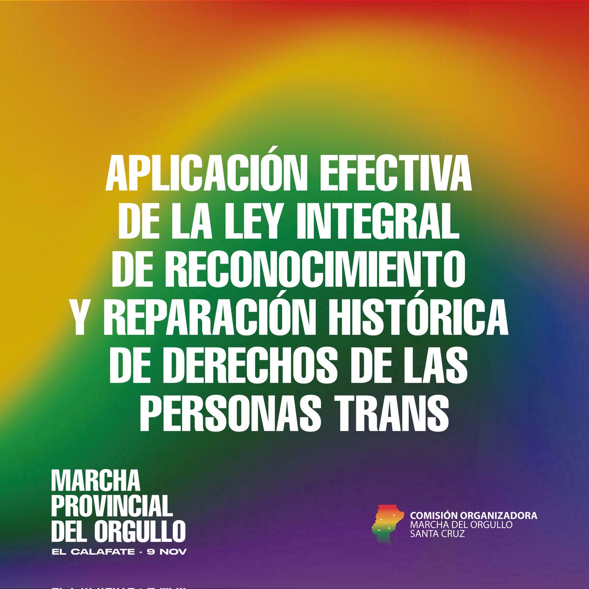 SCDiversidad's tweet photo. ¡SE VINE LA MARCHA MAS LINDA DE TODAS! 🏳️‍🌈🏳️‍⚧️

❤️ Te esperamos el 9 de noviembre en  El Calafate en la 9° Marcha Provincial del Orgullo.

✊🏿 Salí a defender tus derechos ¡El orgullo se defiende!

#Orgullo2024🏳️‍🌈🏳️‍⚧️ https://t.co/dmk63Vkyvc