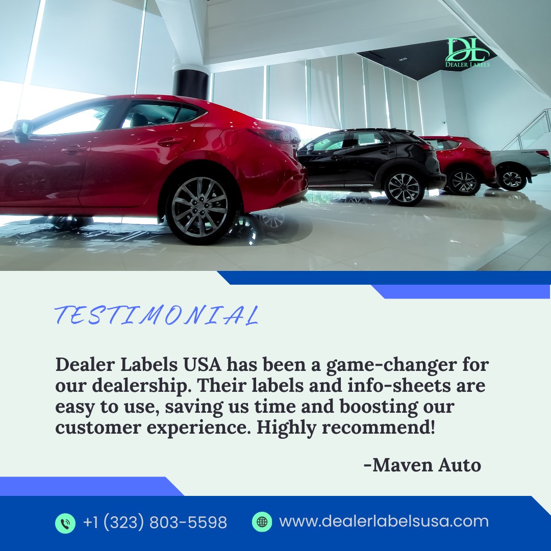 DealerLabels's tweet image. Your success is our top priority, and we’re glad our labels and info-sheets are helping save time and enhance the customer experience. Thank you for trusting us to be part of your process!
#CustomerSuccess #AutoDealerships #BuyersGuides #dealershiptools #dealerlabels