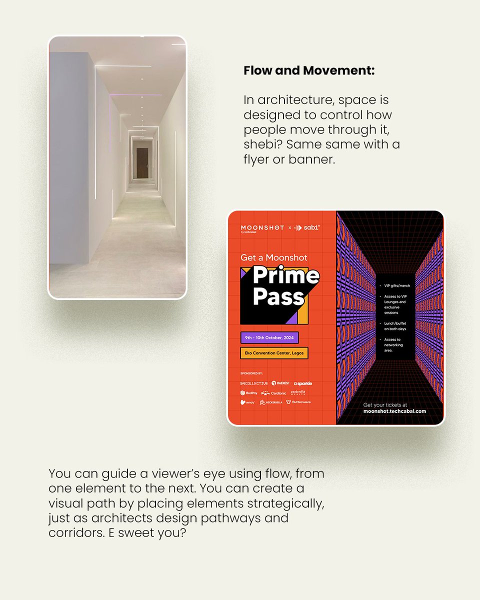 ChukwuAdaeze's tweet image. Do you see what I see?
You can thief small inspiration from the structure, balance, and flow in architecture to create design layouts that guide the eye, are unique and make plenty sense.
We are using flyers I designed for #MoonshotByTechCabal as a case study.