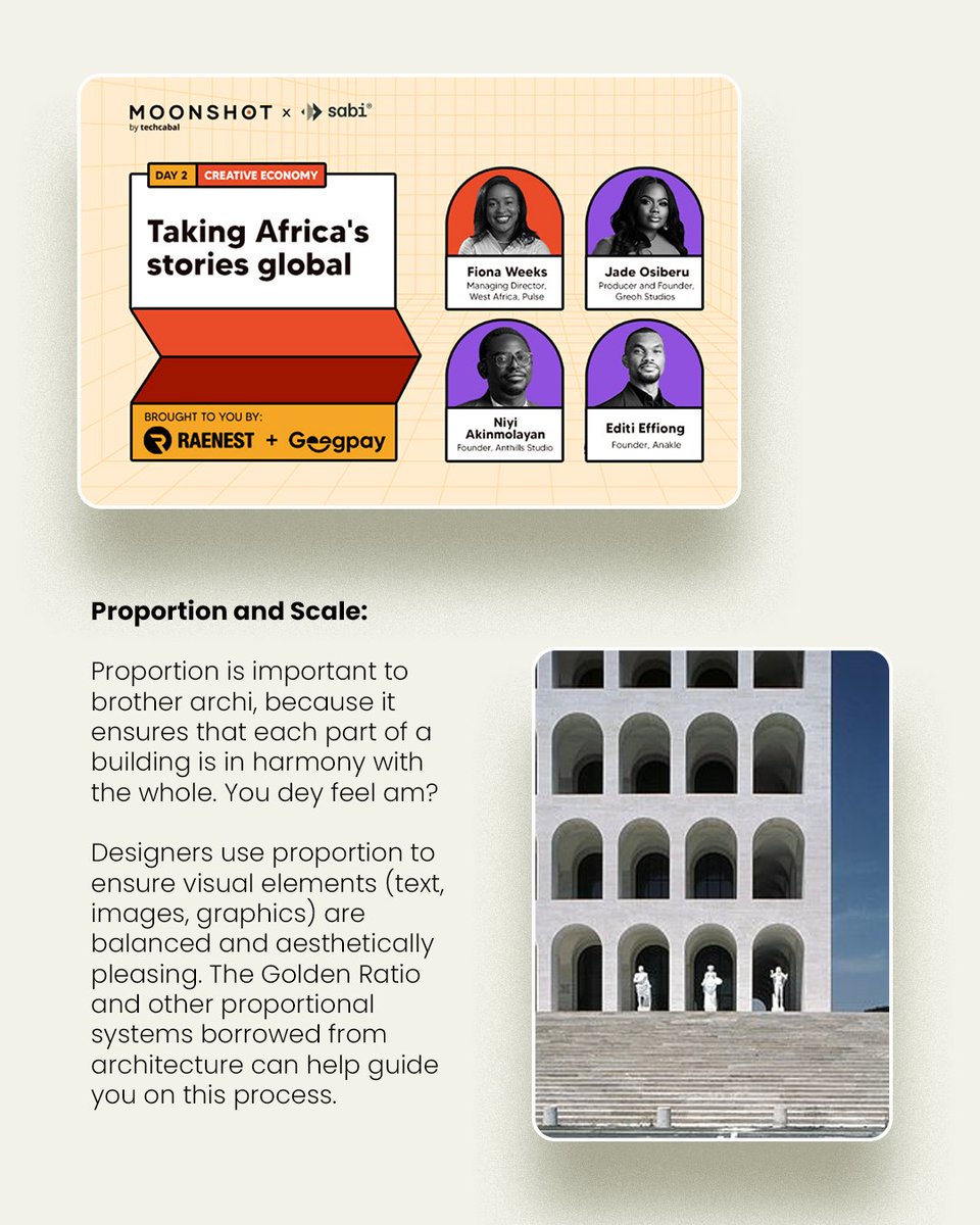 ChukwuAdaeze's tweet image. Do you see what I see?
You can thief small inspiration from the structure, balance, and flow in architecture to create design layouts that guide the eye, are unique and make plenty sense.
We are using flyers I designed for #MoonshotByTechCabal as a case study.