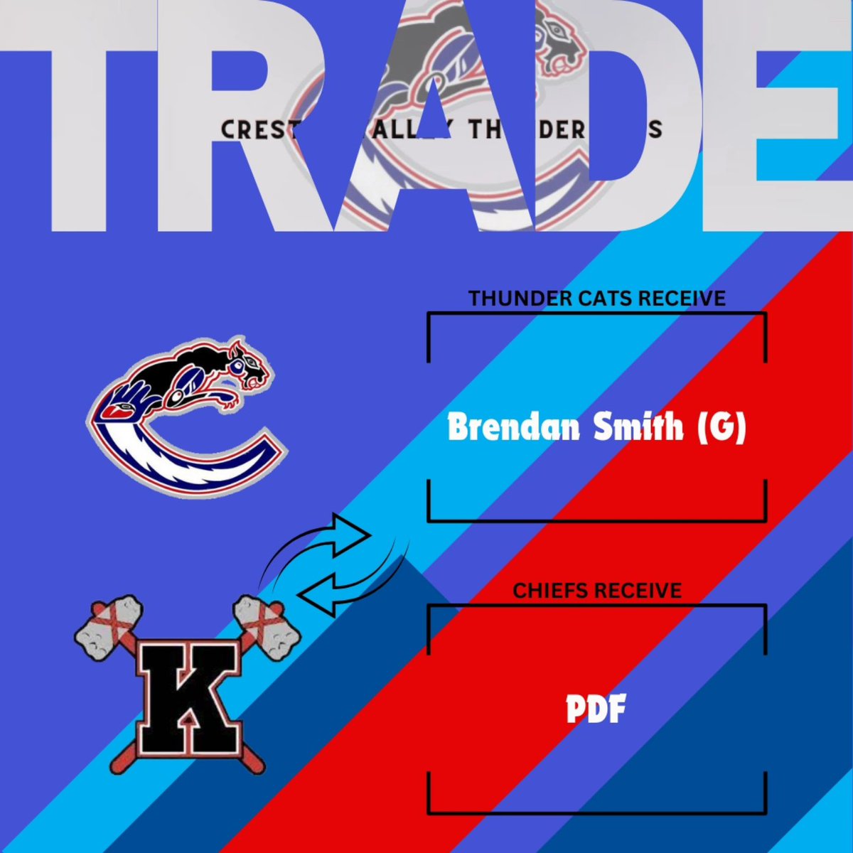 TRADE ALERT🔄

Head Coach/General Manager Geordie Wudrick has made a couple trades

He acquired 04 (G) Brendan Smith from the Kelowna Chiefs in exchange for a PDF.

Wudrick also traded 05 (D) Govind Dhillon to the Fernie Ghostriders in exchange for a PDF