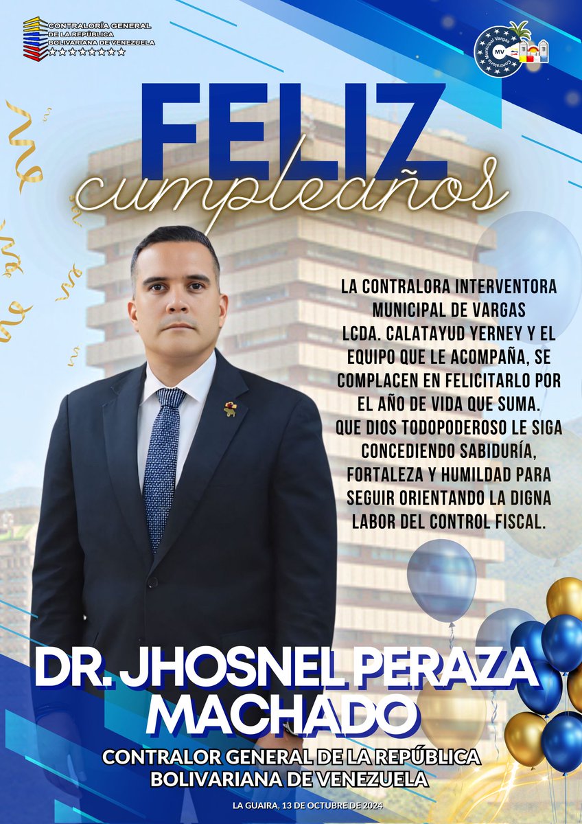 #13OCT ¡Que DIOS todopoderoso le siga concediendo sabiduría, fortaleza y humildad para seguir orientando la digna labor del Control Fiscal!
¡FELIZ CUMPLEAÑOS CONTRALOR GENERAL DE LA REPÚBLICA • DR. JHOSNEL PERAZA MACHADO • 🇻🇪🎉!
#happybirthday #CGR #SNCF