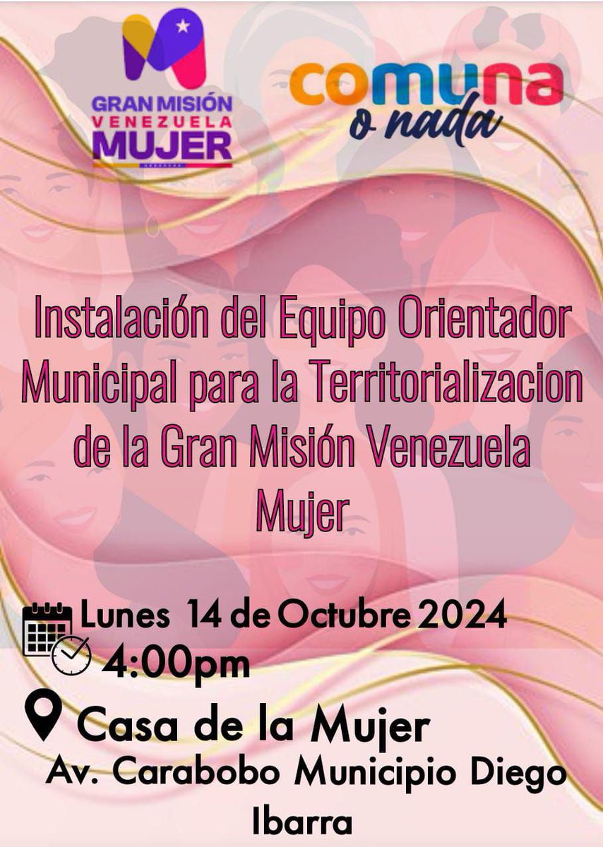 FteBicentenarioMujer (@ftebicentenario) on Twitter photo #Carabobo Mañana Lunes #14Oct a las 04:00 estaremos en la instalación del equipo orientador municipal para la Territorializacion de la Gran Misión Venezuela Mujer
Te esperamos
<a href="/NicolasMaduro/">Nicolás Maduro</a> <a href="/dcabellor/">Diosdado Cabello R</a> <a href="/anahiarizmendi/">Anahi Arizmendi</a> <a href="/MinMujerVe/">Min. del PP para la Mujer y la Igualdad de Género</a> #Carabobo Mañana Lunes #14Oct a las 04:00 estaremos en la instalación del equipo orientador municipal para la Territorializacion de la Gran Misión Venezuela Mujer
Te esperamos
<a href="/NicolasMaduro/">Nicolás Maduro</a> <a href="/dcabellor/">Diosdado Cabello R</a> <a href="/anahiarizmendi/">Anahi Arizmendi</a> <a href="/MinMujerVe/">Min. del PP para la Mujer y la Igualdad de Género</a>