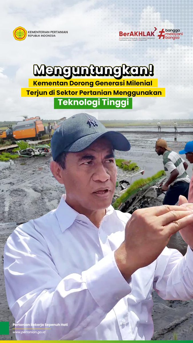 kementan's tweet photo. 1. SobaTani, pada kunjungan kerja Mentan Amran di Kampung Telaga Sari, Kab. Merauke lalu, Mentan @Amran_Sulaiman1 mendorong para generasi milenial untuk terjun di sektor pertanian menggunakan teknologi tinggi dan menegaskan bahwa Kementerian Pertanian mengoptimalkan 3 hal,yaitu: https://t.co/DVdfMAgNZm