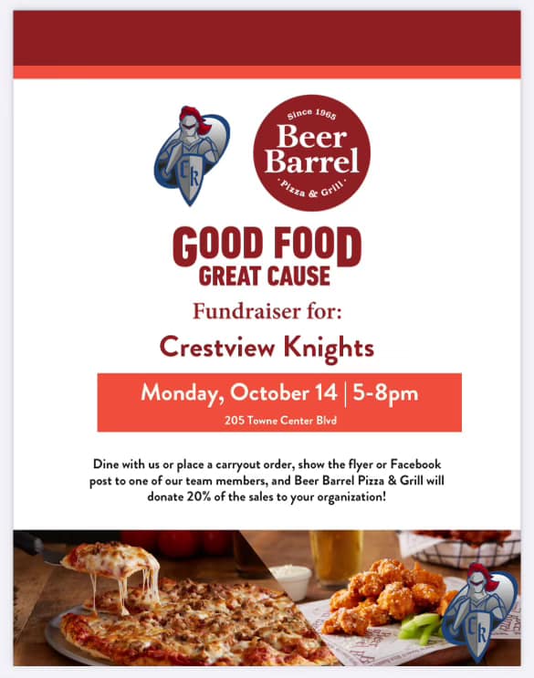 Dine in or carry-out at the Van Wert Beer Barrel this Monday, Oct. 14th, and they will give 20% of each sale back to the football parents group. Take a flyer to show your waiter/waitress OR show them this post. GO KNIGHTS!