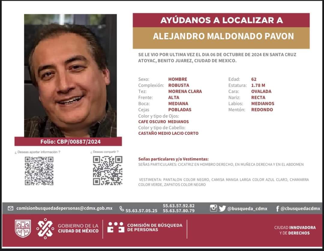 HechosSabado's tweet photo. #ServicioSocial Ayuda para localizar a Alejandro Maldonado Pavón, tiene 62 años, fue visto por última vez el 6 de octubre en la alcaldía Benito Juárez, Ciudad de México. Contacto: Socorro Romero, 5539935821. https://t.co/ht3nAT017P
