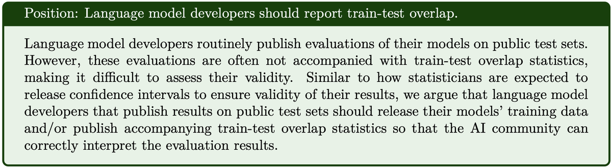 RishiBommasani's tweet photo. For evaluations to be useful, we need to understand train-test overlap.

The norm should be that model developers report train-test overlap. 

Read our paper that argues for this and more, led by Andy Zhang:
https://t.co/qjAr6HjgRc https://t.co/jasoyvofqn