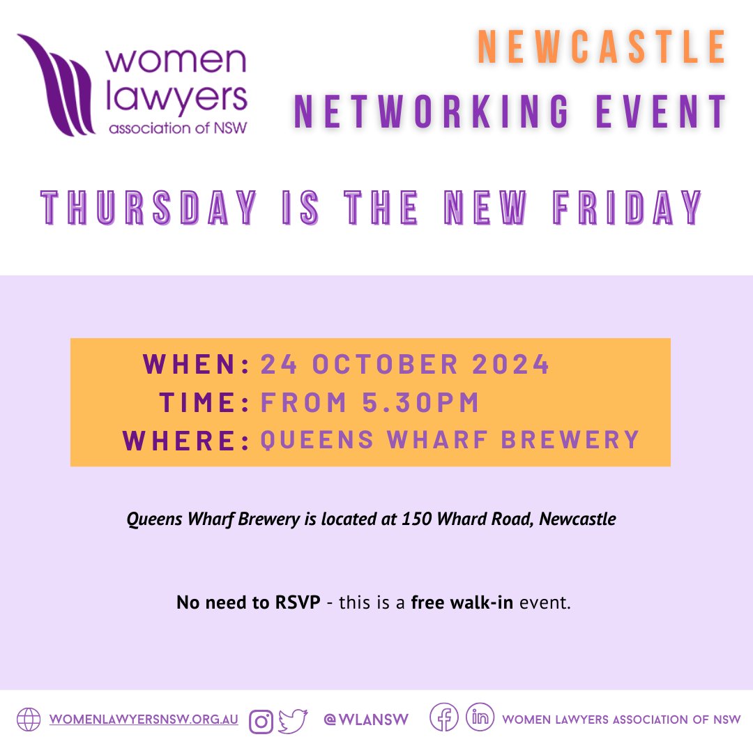 NEWCASTLE EVENT 

Newcastle women lawyers come down to the Queens Wharf Brewery for some good old fashioned networking. Bringing  women lawyers together to foster community and build networks. 

No need to RSVP, just turn up! 

#wlansw #womenlawyers #law #networking
