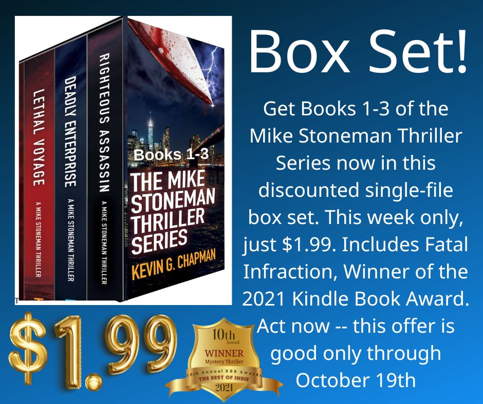 Three books for two bucks!  Get ready for the publication of Double Takedown (Mike Stoneman #6) by reading the first three books in the series in this single-file ebook box set for just $1.99. Available thru October 19th. Please share with your friends! amazon.com/dp/B09Y56D5R4