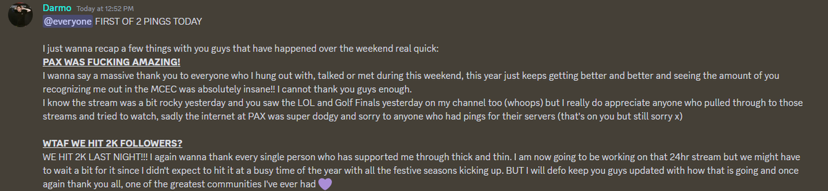 Darmo__TTV's tweet photo. Thank you all for a crazy weekend, and THANKS FOR 2K, the prep is going through the roof atm for it💜💜 https://t.co/nlTIybUwwD