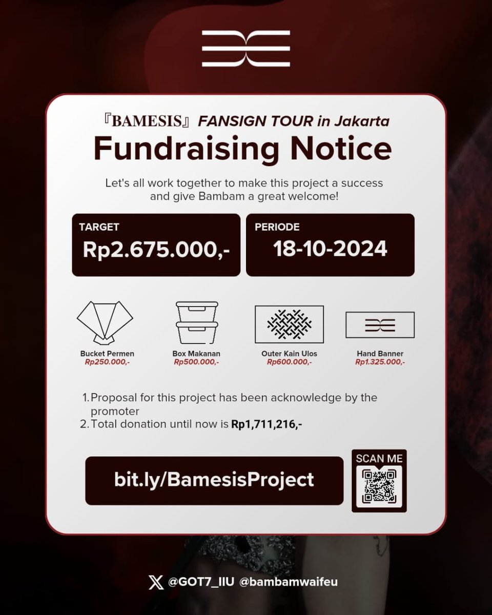 GOT7_IIU's tweet photo. Kabar baik untuk Ahgase INA! 

Project yang semula untuk Showcase bisa tetap diadakan di Fansign nanti! Yuk, bantu kita kasih support terbaik untuk Bambam dengan ikut donasi project-nya! Sampai ketemu nanti Ahgase!

#BAMESISFANSIGNINJKT
#BAMESIS #BamBam https://t.co/6vx1H1OmwC