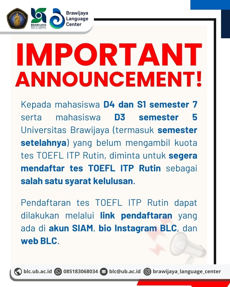 Hai, Kak!

Segera lakukan pendaftaran supaya bisa langsung masuk antrean ya 😁

<a href="/infoUB/">IG - LINE : infoub</a> <a href="/UB_Official/">Universitas Brawijaya</a> 
#toeflitp #toeflub #brawijayalanguagecenter