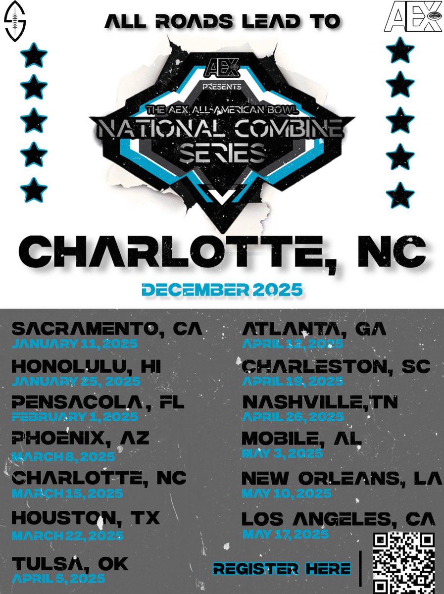 @mmjmoney1 YOU’RE INVITED TO THE AEX NATIONAL COMBINE SERIES <a href="/AEXShowcase/">THE ALL-AMERICAN EXPERIENCE SHOWCASE, Inc</a> hosted by Sac Showcase <a href="/SacShowcase/">SAC SHOWCASE 🏈</a>  ON MARCH 22ND, 2025, IN HOUSTON TX.  OPEN TO ALL CLASSES OF 2026 THROUGH 2029. COME COMPETE, SHOW LEADERSHIP, DEMONSTRATE INTEGRITY, AND EMBRACE TEAMWORK! 🏈🏈
REGISTER