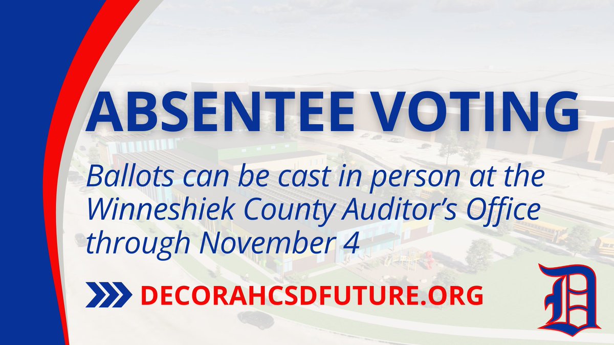Registered voters who reside in the Decorah Community School District can now cast an absentee ballot in person at the Winneshiek County Auditor’s Office.

More info: decorahcsdfuture.org/voting