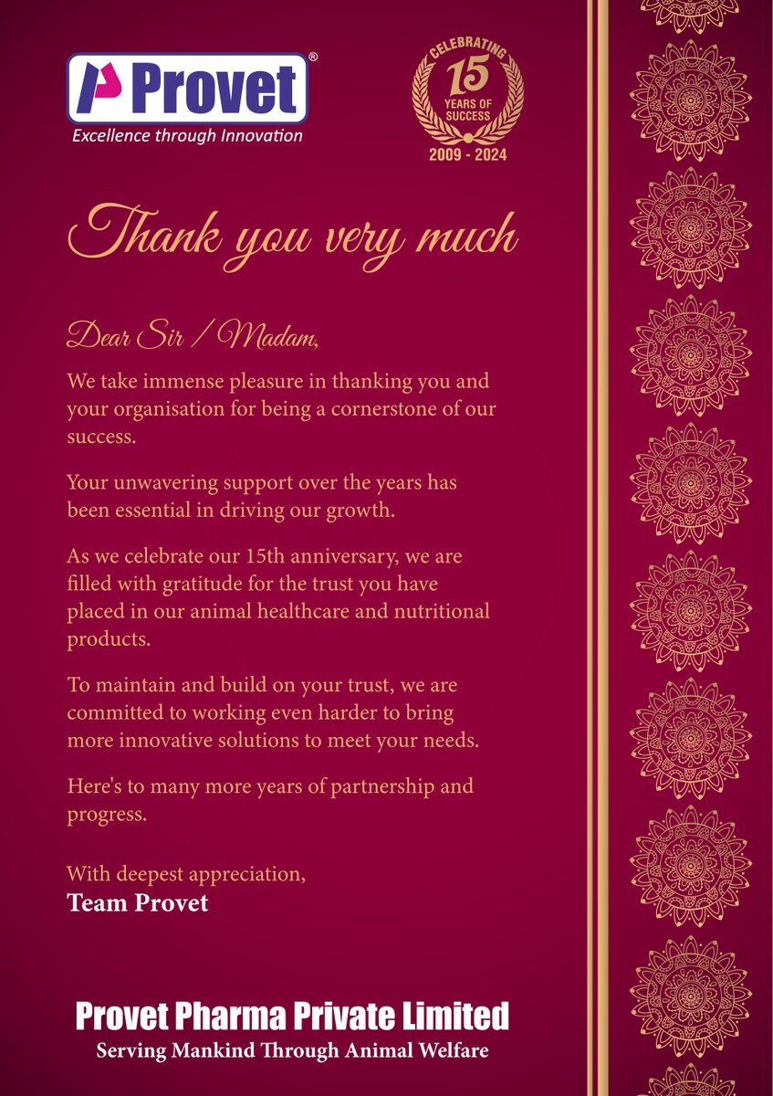 provetppl's tweet photo. HAPPY PROVET DAY
It’s our 15th anniversary and we would like to take this opportunity to thank you for the support extended towards the growth of our business over the years since 2009.
#Provetpharma #15thanniversary #provetday #Thanksgiving #Gratitude #anniversary https://t.co/3eFeFWxVQl