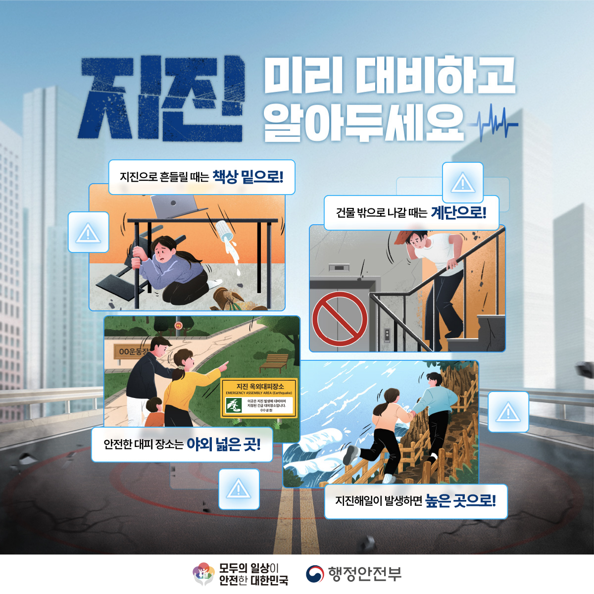 mltmbraa's tweet photo. [2024년 지진안전주간 운영]

2024.10.14.(월) ~ 10.20.(일)은 지진안전주간 기간입니다.

"지진, 흔들릴때는 "탁자 밑!" 나갈때는 "계단!"
국민의 지진안전 지식을 고취하고자 매년 실시하고 있는 지진안전주간에 많은 관심과 협조 부탁드립니다. https://t.co/wyYzx4My58
