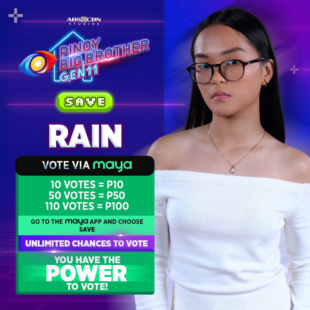 PBBabscbn's tweet photo. Isa ba si Rain, ang Cheerfu-Langga ng Cebu, sa BIG 4 mo? 🤩

Unlimited chances to vote is open! 🔥

1. Go to Maya and tap the PBB icon.
2. Select the Housemate to Save.
3. Confirm your vote!

#PBBGen11RaceToBIG4 https://t.co/vP2DA972fd