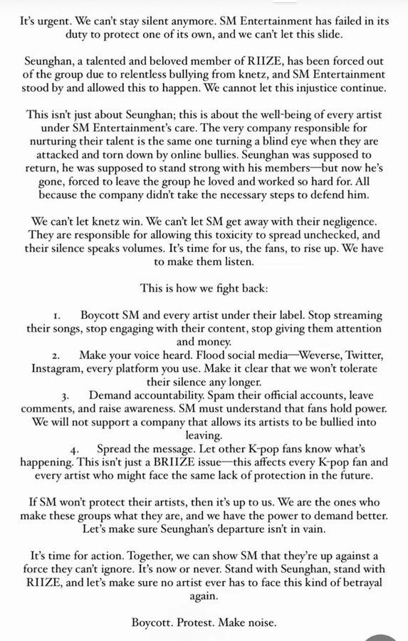 DUE TO THE INJUSTICE OF RIIZE. 

#JUSTICE_FOR_SEUNGHAN 
#AlwaysWithSeunghan 
#SMSupportsBullying 
#SEUNGHAN #홍승한 <a href="/RIIZE_official/">RIIZE</a> 
#BOYCOTTSM <a href="/SMTOWNGLOBAL/">SMTOWN</a>