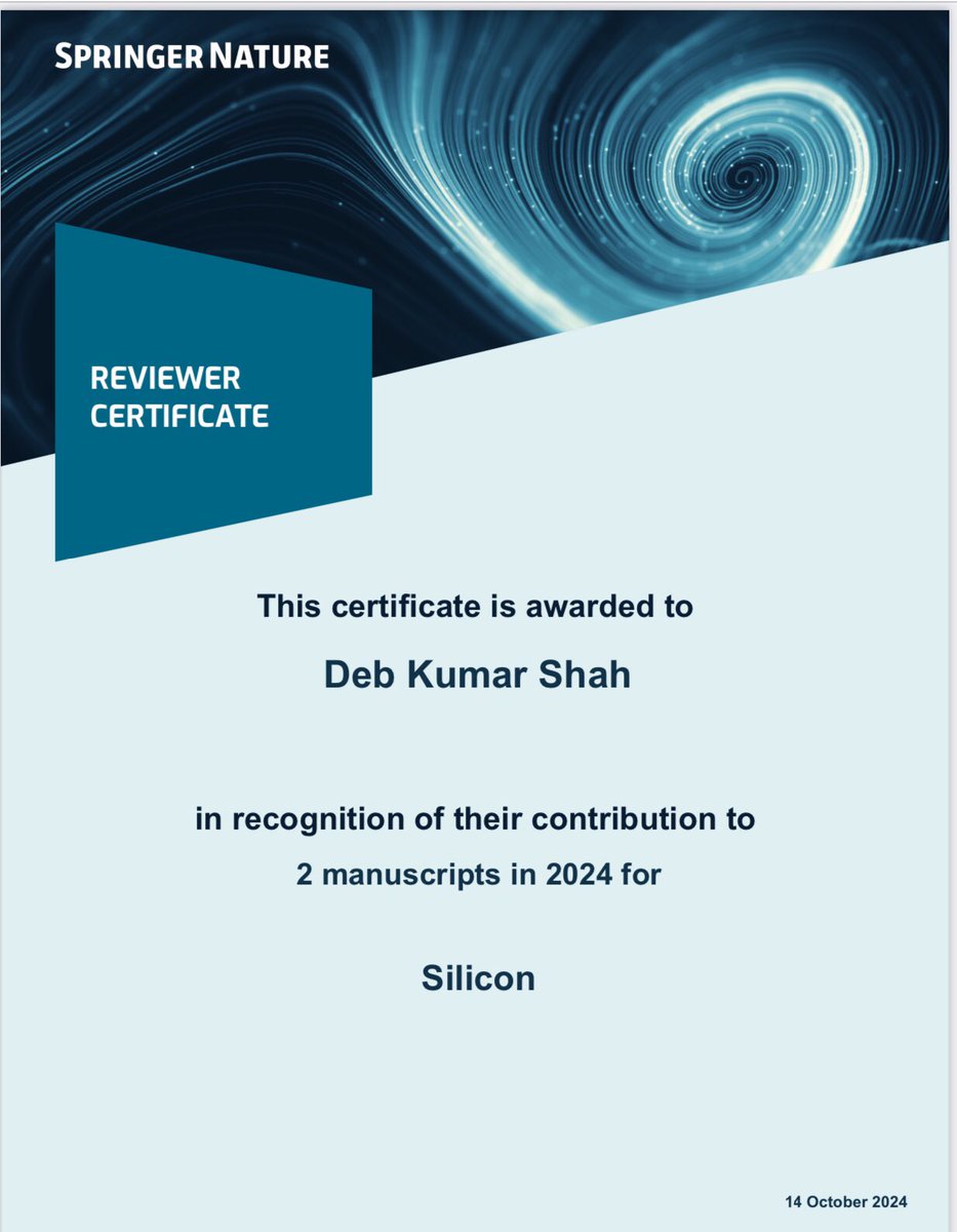 Debkumarshah's tweet image. Review certificate from Springer Nature! Thanks! #Springer #Nature #Solar_cell #Solar_energy #Photovoltaic 
#Motivation #Journals #International_journals