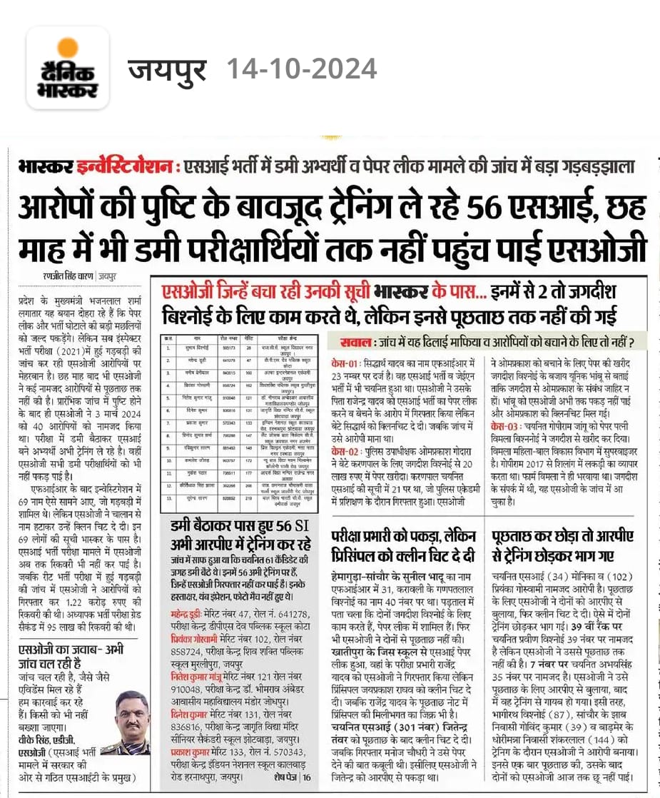 sharmasumit1008's tweet photo. • अब यह देख लो @BhajanlalBjp साहब 56 #SI आरोपो की पुष्टि के बावजूद ट्रेनिंग ले रहे हैं यह परीक्षा अगर निरस्त नहीं है तो बेरोजगारों का सरकार से विश्वास उठ जाएगा 

• फिर क्यों #SOG जांच करवाई गई
@JogarampatelMLA @narendramodi
#SI_भर्ती_2021_रद्द_करो https://t.co/UNKCoH5ndf